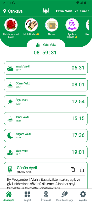 Ezan Vakti ve Kuran uygulaması ekran görüntüsü - namaz vakitleri ve kıble bulucu